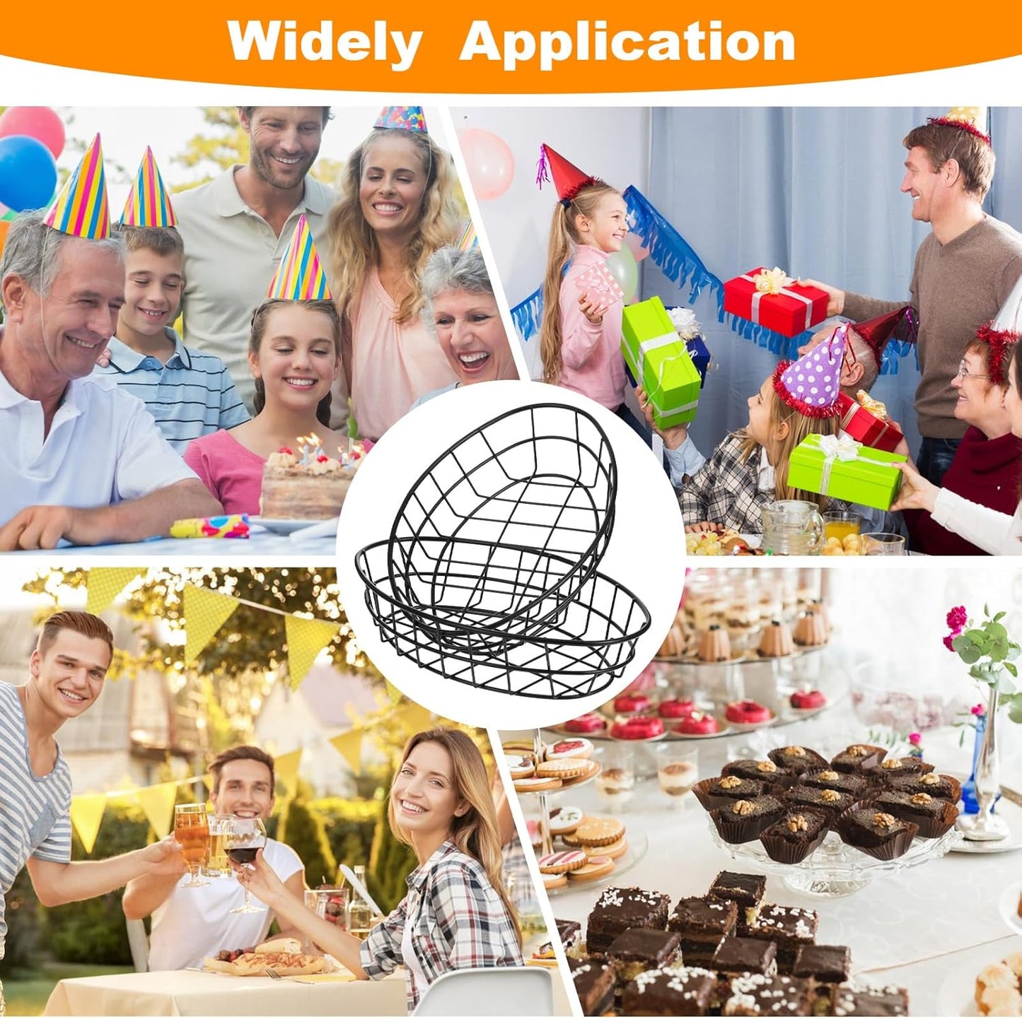 12 Pcs Wire Bread Baskets, 9.4 x 6.3 x 1.9 Inch, Oval Food Baskets for Serving Fruit, Fast Food, and Storage, Includes 50 Sheets Deli Wrappers Paper, Reusable & Rust-Resistant Metal Basket (Black)