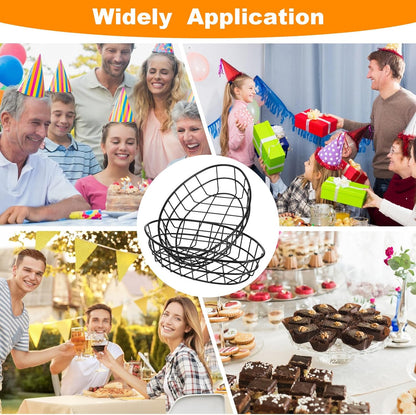 12 Pcs Wire Bread Baskets, 9.4 x 6.3 x 1.9 Inch, Oval Food Baskets for Serving Fruit, Fast Food, and Storage, Includes 50 Sheets Deli Wrappers Paper, Reusable & Rust-Resistant Metal Basket (Black)