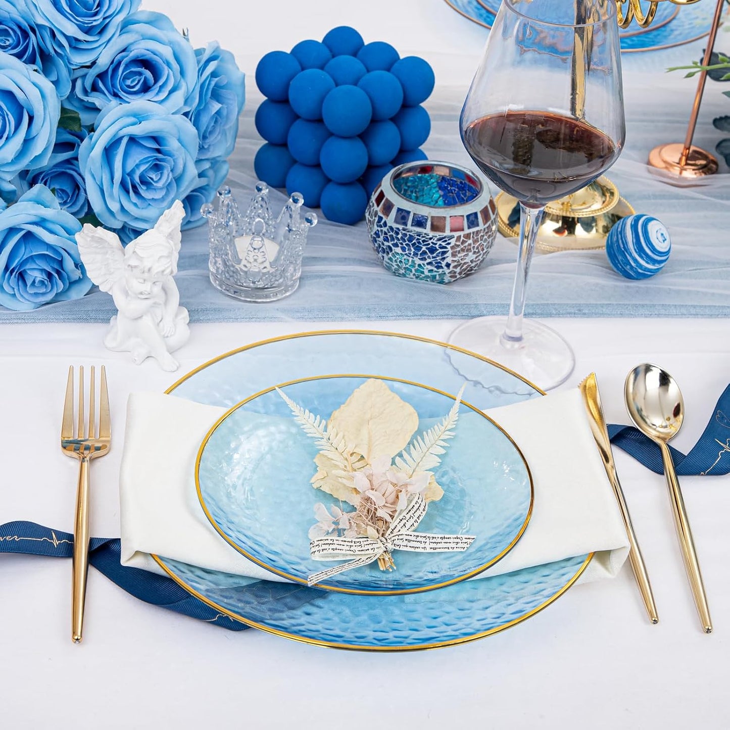 Rubtlamp 60Pcs Clear Blue Plastic Plates, Hammered Blue Plates, Clear Fancy Disposable Plates With Gold Rim Include 30 Dessert Plates, 30 Dinner Plates for Party