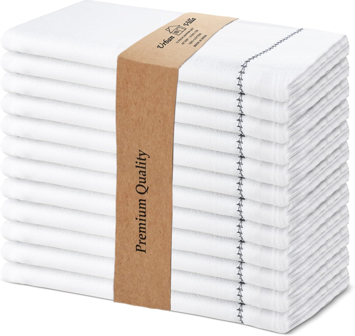 Urban Villa Cloth Napkin Set of 12 Hemstitch White Black 20x20 Inches Premium Soft Cotton Highly Absorbent Reusable & Washable Dinner Table Napkins for Home and Weddings