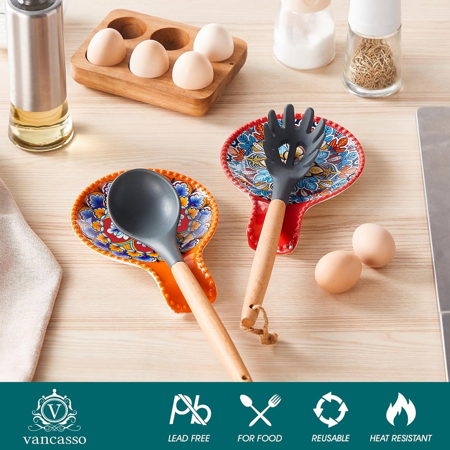 vancasso Ceramic Spoon Rest Sets of 2 for Stove Top, 7.7 Inch Cooking Spoon Holder for Kitchen Counter Decor, Spoon Holder for Coffee Spoon Rest, Spoon Cradle, Spatula, Spoons or Tongs, Light