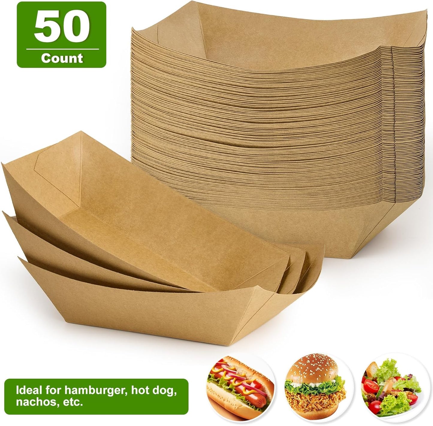 Ocmoiy 5lb Extra Large Paper Food Trays, 50 Pack Heavy Duty Kraft Food Boats Holders Disposable Serving Basket Trays for Nachos, Burgers, Fries, Tacos, Hot Dog, Sandwiches