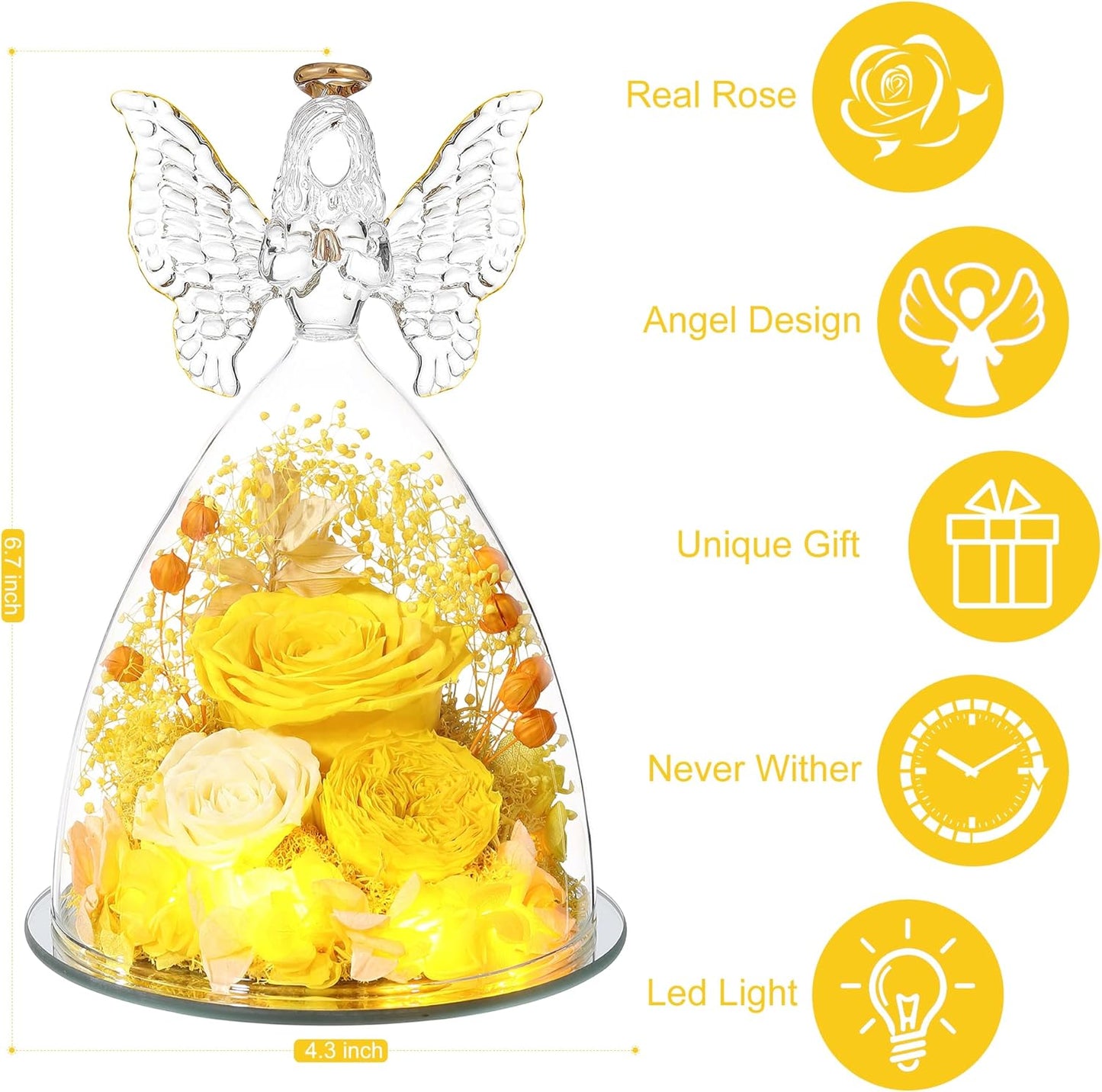 Christmas Rose Gifts for Women Preserved Real Flower in Glass Angel Figurines Roses for Delivery Prime Birthday Gifts for Mom Grandma Girlfriend Wife Her,Yellow Austin Roses