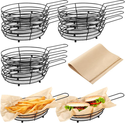 12 Pack French Fries Baskets, Black Iron Serving Baskets with Handles, Oval Mesh Food Presentation Trays with 50 Deli Papers, Fried Food Bowls, Small Fryer Holders for Parties, BBQ, Kitchen