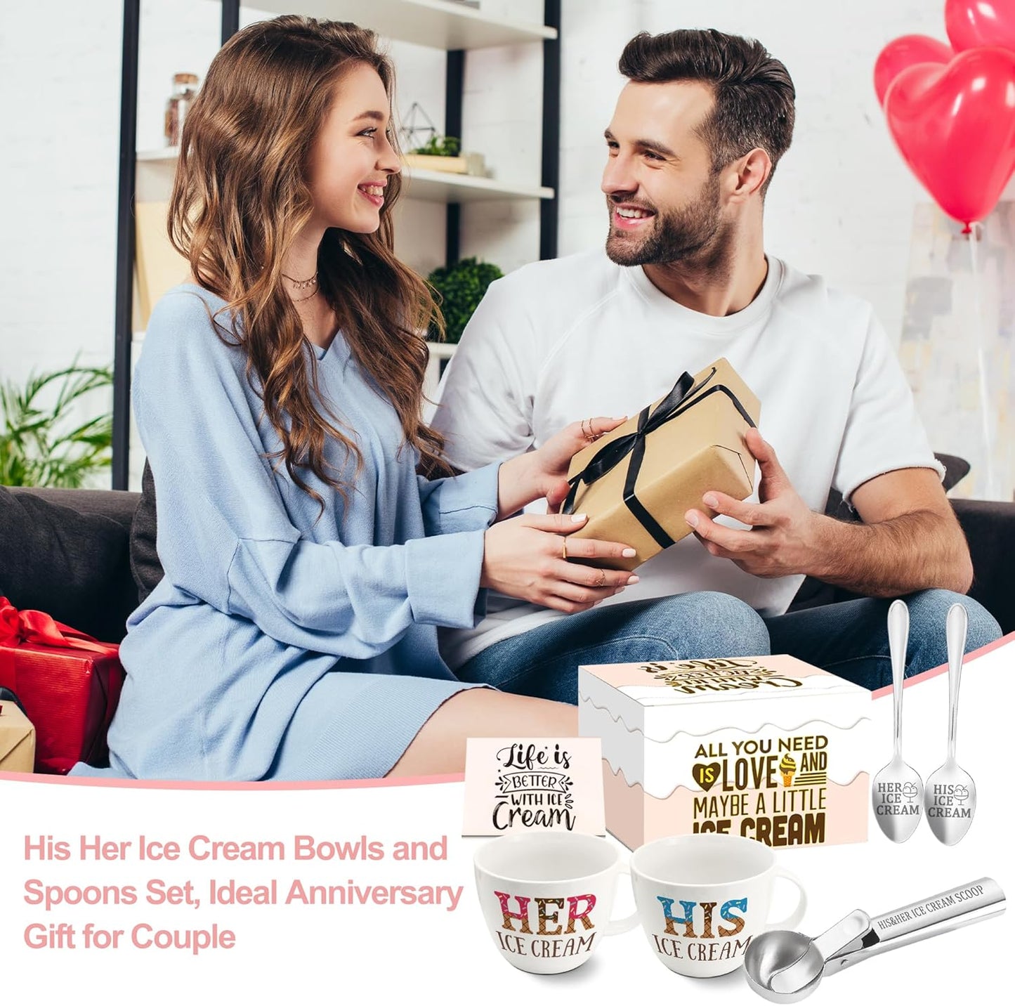 Anniversary Couple Gift Ice Cream Bowls and Spoon Scoop Set, His and Hers Gifts, Mothers Day Couples His Her Ice Cream Accessories Bowl Present, Unique Wedding Gift 2025 for Friends