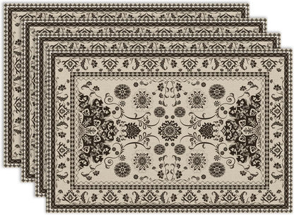 Vintage Floral Placemats Set of 4, 12x18 Inch Rustic Boho Persian Carpet Turkish Tribal Bohemia Holiday Farmhouse Coffee Table Mats for Party Kitchen Dining Decoration