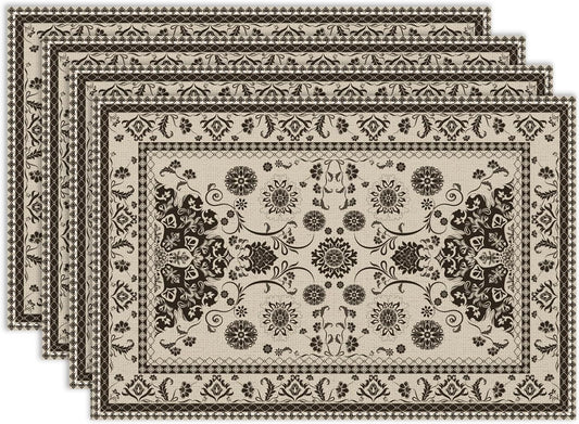 Vintage Floral Placemats Set of 4, 12x18 Inch Rustic Boho Persian Carpet Turkish Tribal Bohemia Holiday Farmhouse Coffee Table Mats for Party Kitchen Dining Decoration