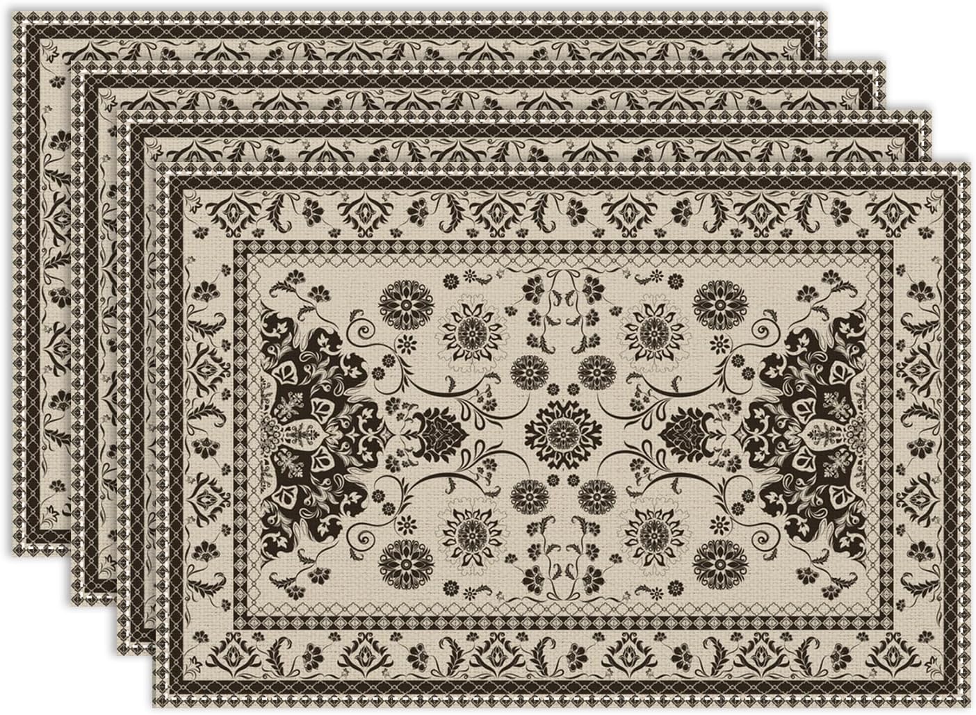 Vintage Floral Placemats Set of 6, 12x18 Inch Rustic Boho Persian Carpet Turkish Tribal Bohemia Holiday Farmhouse Coffee Table Mats for Party Kitchen Dining Decoration
