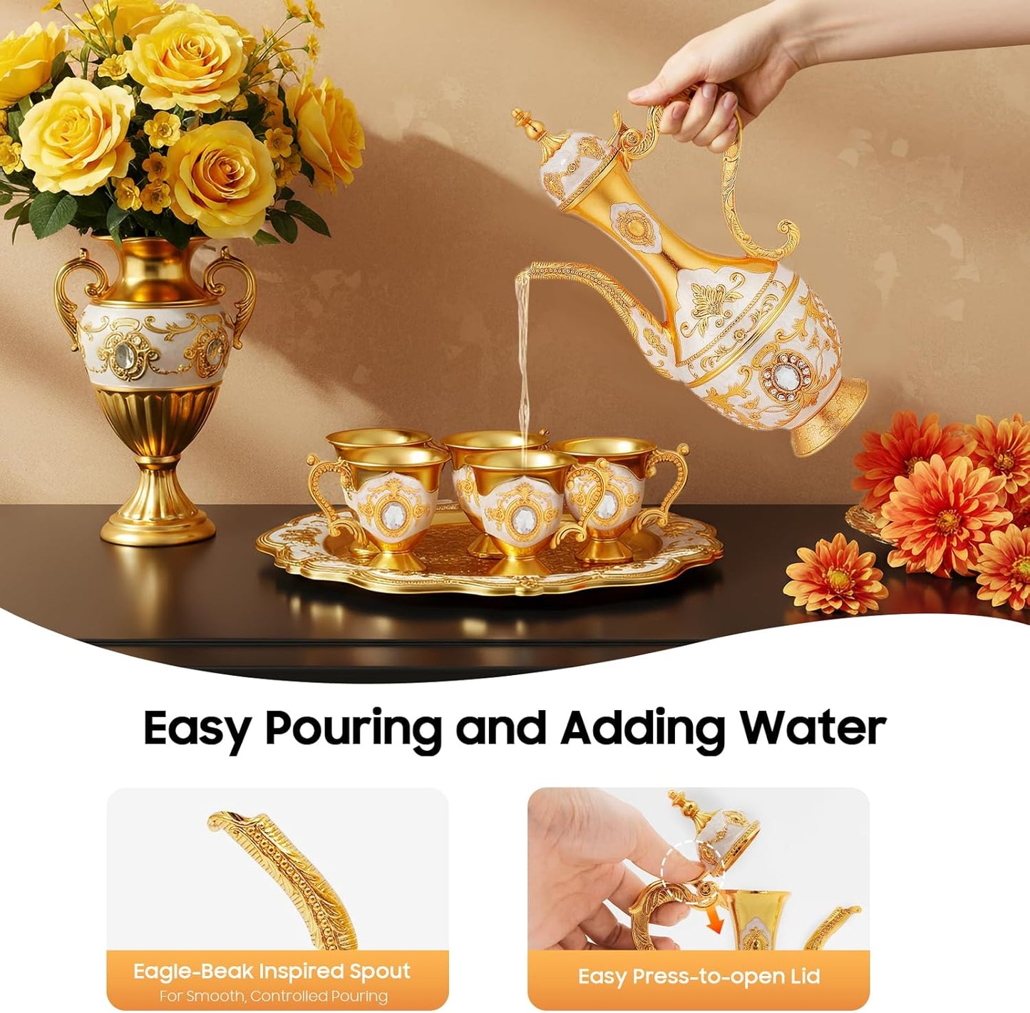 Vintage Turkish Coffee Pot Set with Tray & 6 Elegant Cups - Retro Exquisite Tea Service for Home Parties, Table Decor & Wedding Gifts (White and Gold)