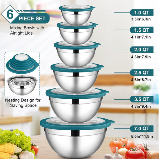 LIANYU 6 Packs Stainless Steel Mixing Bowls, Large 7, 3.5, 2.5, 2, 1.5, 1QT Size, Deep Metal Nesting Bowls Set for Baking Cooking Serving Prepping Food Storage, Include Visible Airtight Lid, Dark Blue