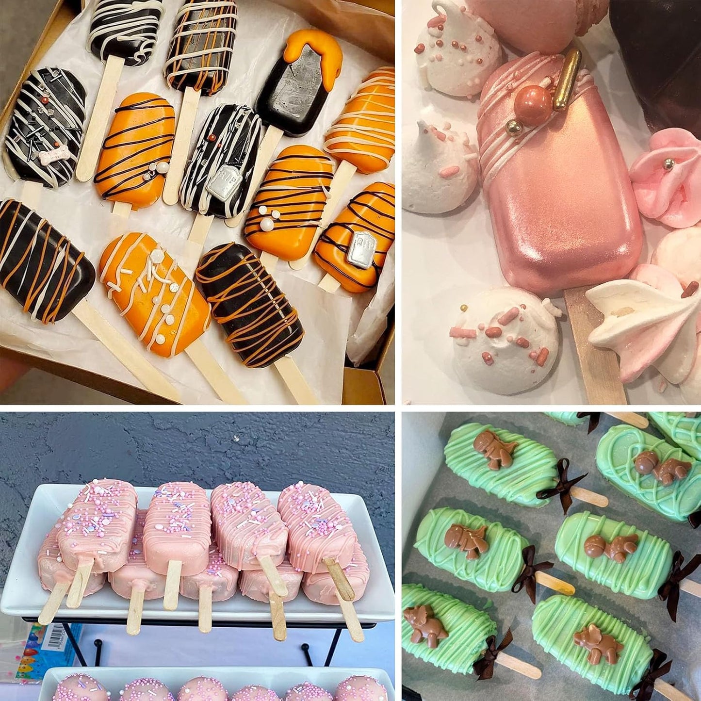 3pcs Large Silicone Popsicle Molds Set,BZIDII 4 Cavities Cake Pop Molds,Oval Ice Cream Bar Mold Ice Pop Cakesicle Molds Silicone with 100 Wooden Sticks & 100 Bags &100 Twist Ties(Green)