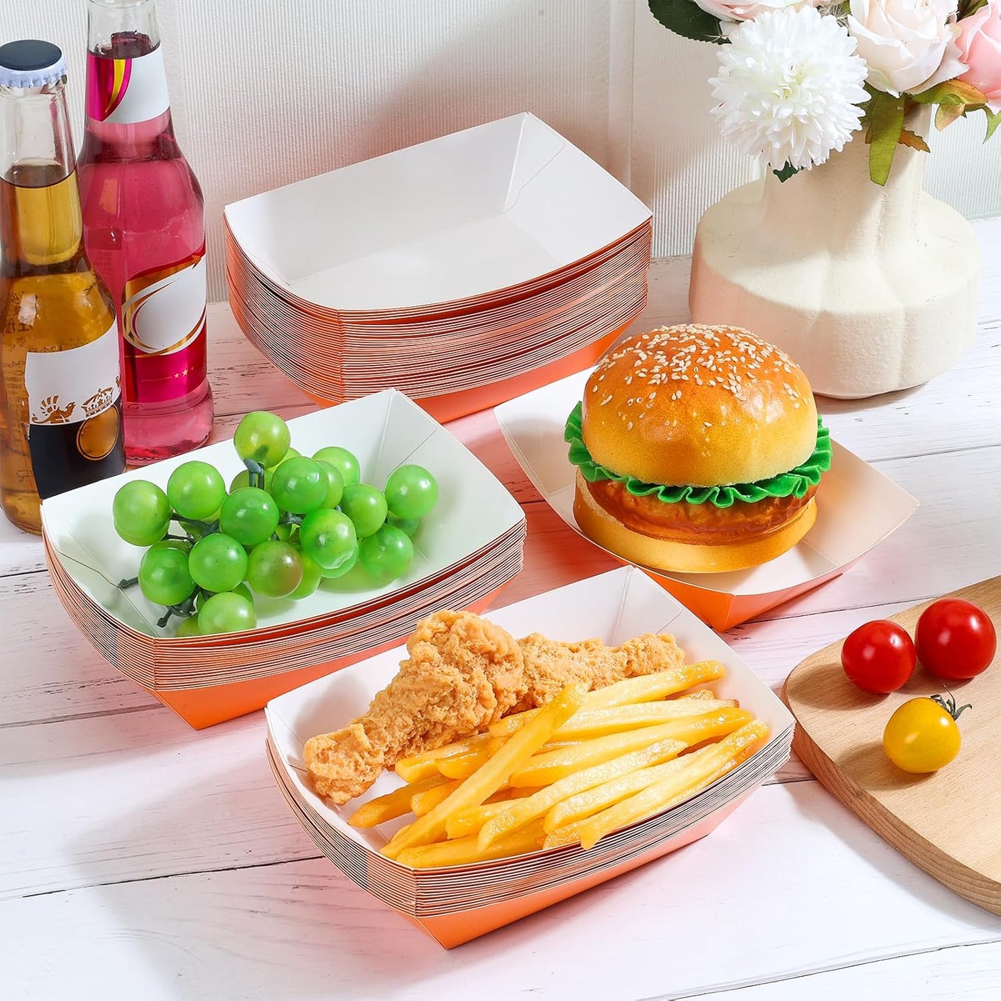 50 Pcs 2lb Paper Food Boat Trays Disposable，Snack Tray，Food Trays for Snack French Hot Dog Taco Popcorn Picnic party Wedding，Concession Stand Supplies (Orange)