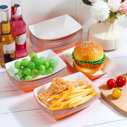 50 Pcs 2lb Paper Food Boat Trays Disposable，Snack Tray，Food Trays for Snack French Hot Dog Taco Popcorn Picnic party Wedding，Concession Stand Supplies (Orange)