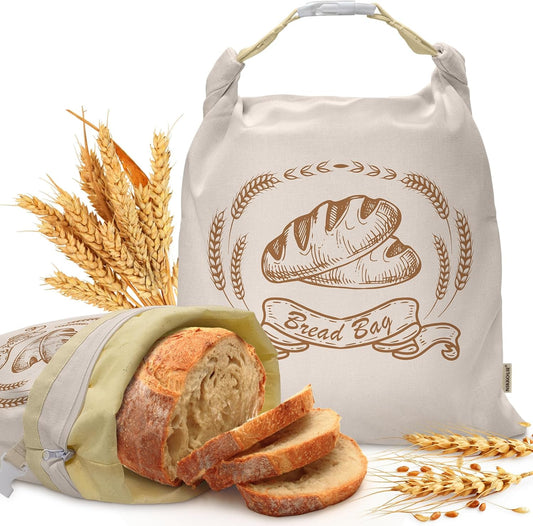 Large Linen Beeswax Bread Bags(2 Pack) Sourdough Bread Bags Reusable Double-Lock Freezer Baking Container Gift Giving for Homemade,Loaf,Sourdough,Food Storage (Plain Colour Patterns)