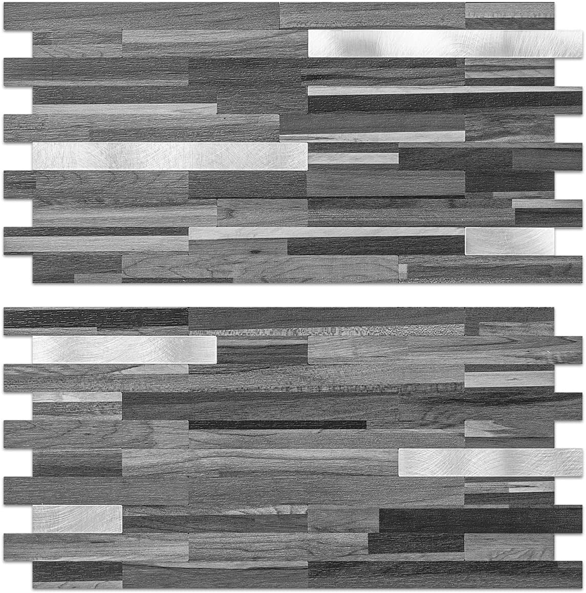 AULIGET Peel and Stick Backsplash, Black & Grey Wood Look PVC Mixed Metal Stick on Bathroom Backsplash, 2