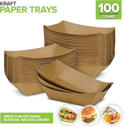 100 Pack 2-Lb Brown Kraft Paper Food Trays, Heavy-Duty Paper Food Boat, Disposable Serving Trays for Party Snacks, Hot Dog, Picnic, Taco Bar, Seafood, Nachos Plates, BBQ, carnival, birthday party