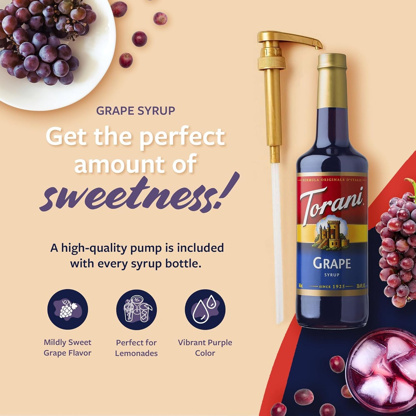 Torani Grape Syrup for Drinks, Flavoring for Iced Tea, Lemonade, Sodas, and Cocktails, Glass Bottle with Pump Included, 25.4 Fl Oz
