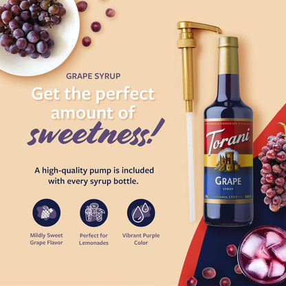 Torani Grape Syrup for Drinks, Flavoring for Iced Tea, Lemonade, Sodas, and Cocktails, Glass Bottle with Pump Included, 25.4 Fl Oz