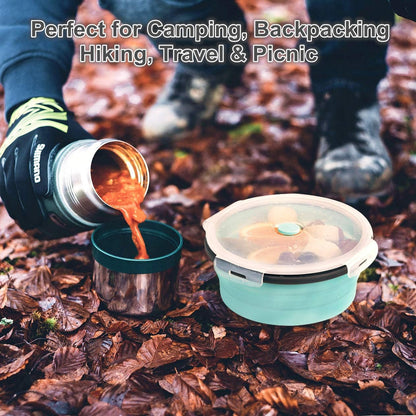 COLORCORAL Camping Bowl with Lid Collapsible Silicone Bowl and Foldable Stainless Steel Fork for Travel and Camping Microvave and Fridge Food Storage Bowl from (1200ML)…