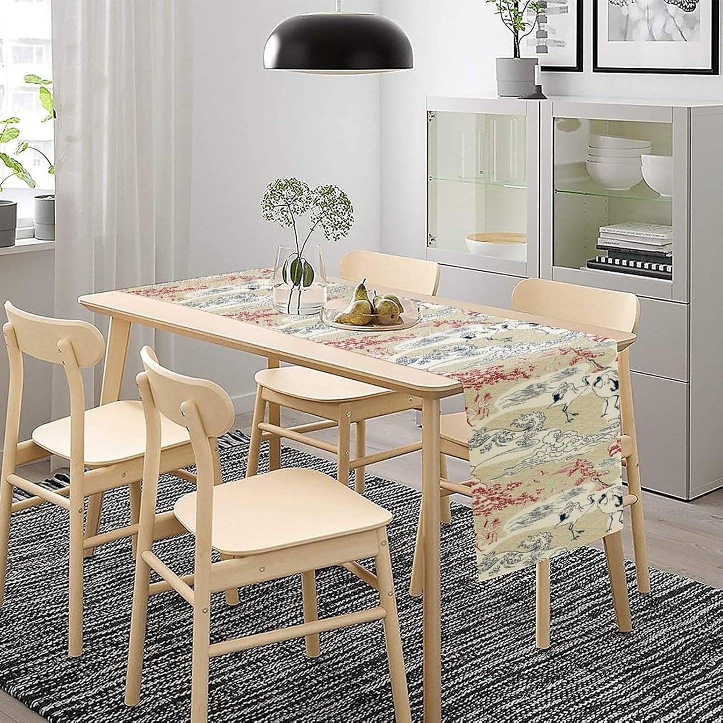 Japanese Crane Table Runner Chinoiserie Vintage Asian Landscape Mountain for Wedding Party Holiday Kitchen Dining Home Party, 13x120 Inch