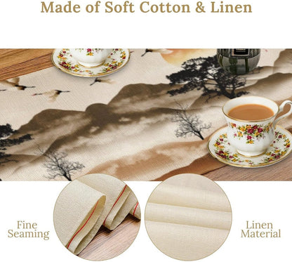 Asian Table Runner, Bamboo Ancient Chinese Paintings Table Cover Cloth for Kitchen Dining Bedroom Red Crowned Crane Landscape Ink Painting Sunset 13x36 Inch