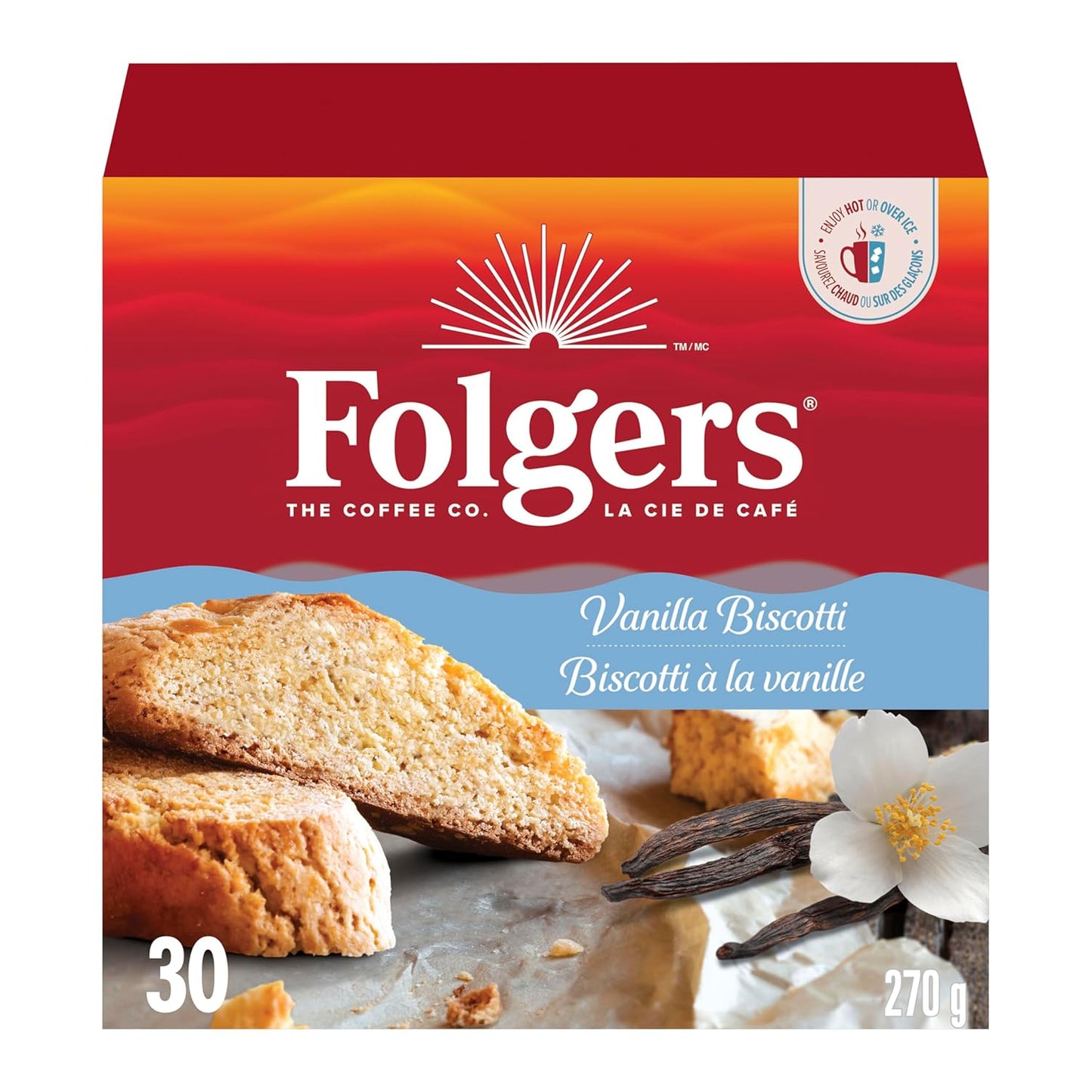 Folgers Vanilla Biscotti Coffee K-cups, 30 Count, 270g/9.5 oz. Box (Imported from Canada)