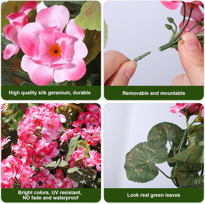 Artificial Geranium Fake Flowers for Outdoors Decoration, 6 Bundles Silk Geraniums Pink Flower UV Resistant Look Real Faux Plants for Front Door Garden Porch Planter Patio Balcony Yard Indoor Home