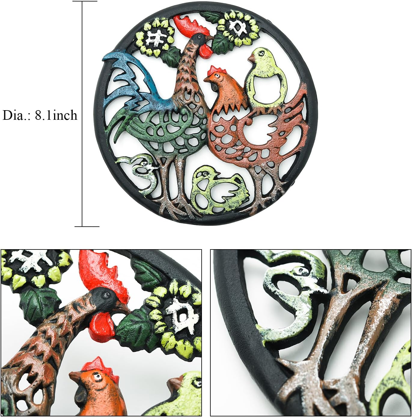 Sungmor Cast Iron Trivet for Wood Stove - Dia-8.1 Inch Rustproof Round Stands for Hot Pots/Dishes/Pans - Decorative Metal Table Trivet for Kitchen Cooking