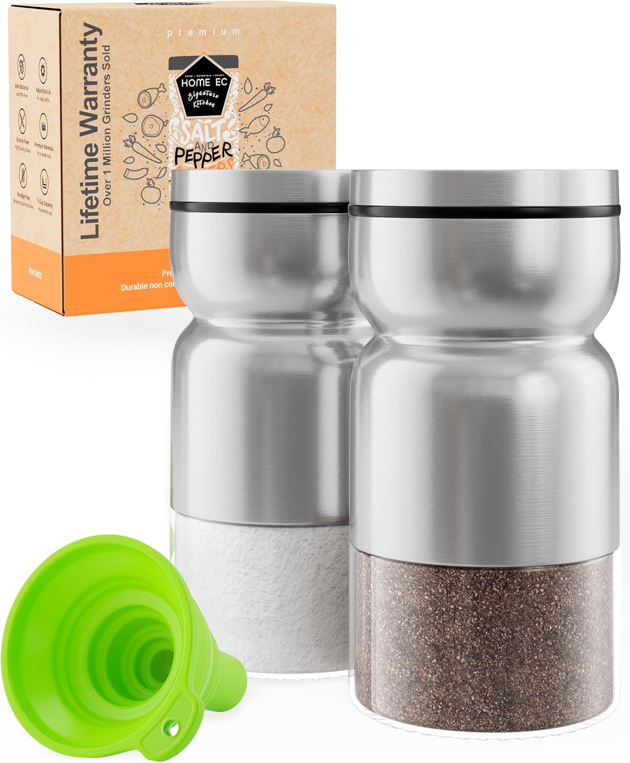 HOME EC Original Salt and Pepper Shakers Set with Adjustable Pour Holes - Glass and Stainless Steel Salt Shaker and Pepper Shaker - Farmhouse Spice dispenser for salts, ground peppercorn and spices