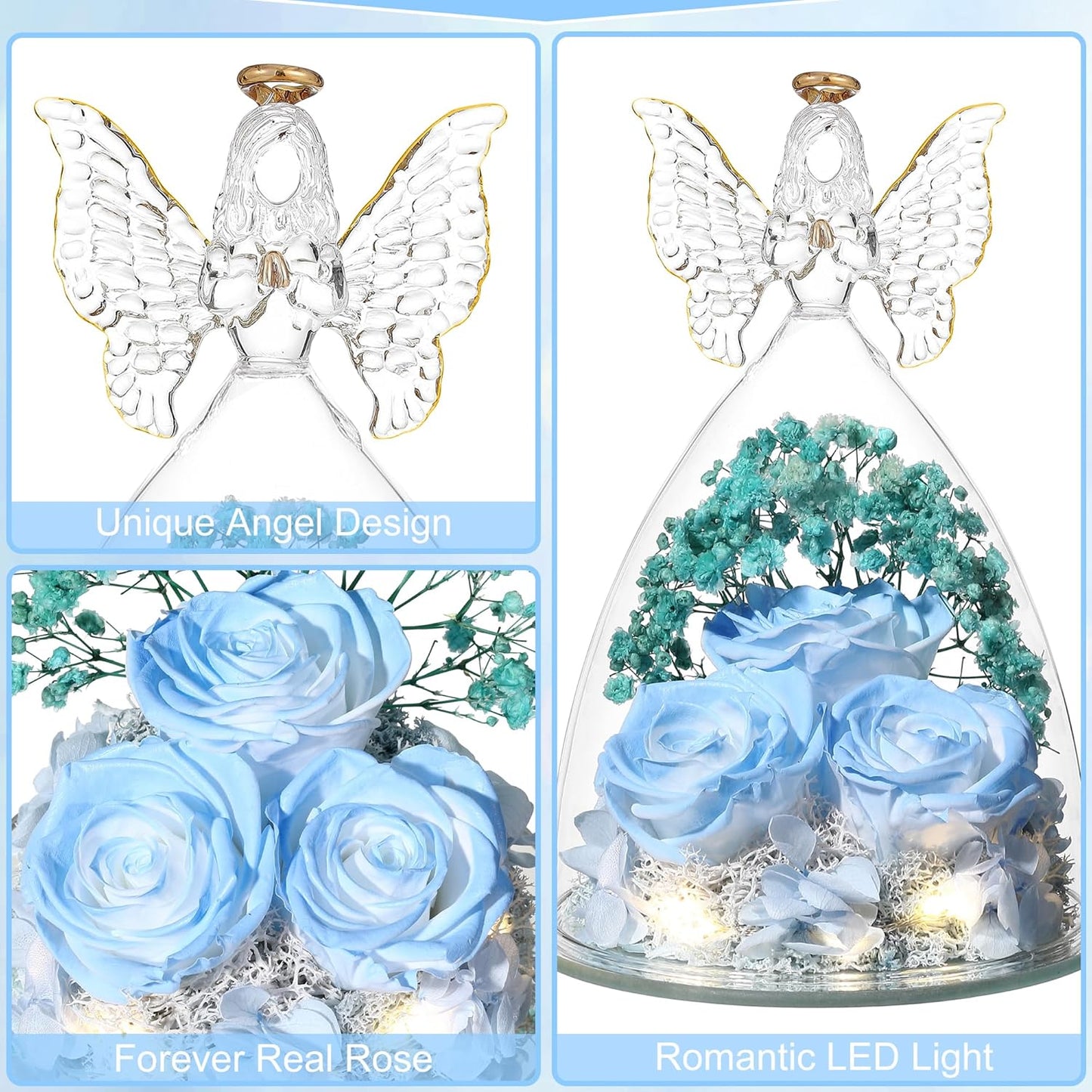 Christmas Rose Gifts for Women Preserved Real Flower in Glass Angel Figurines Roses for Delivery Prime Birthday Gifts for Mom Grandma Girlfriend Wife Her, Sky Blue White