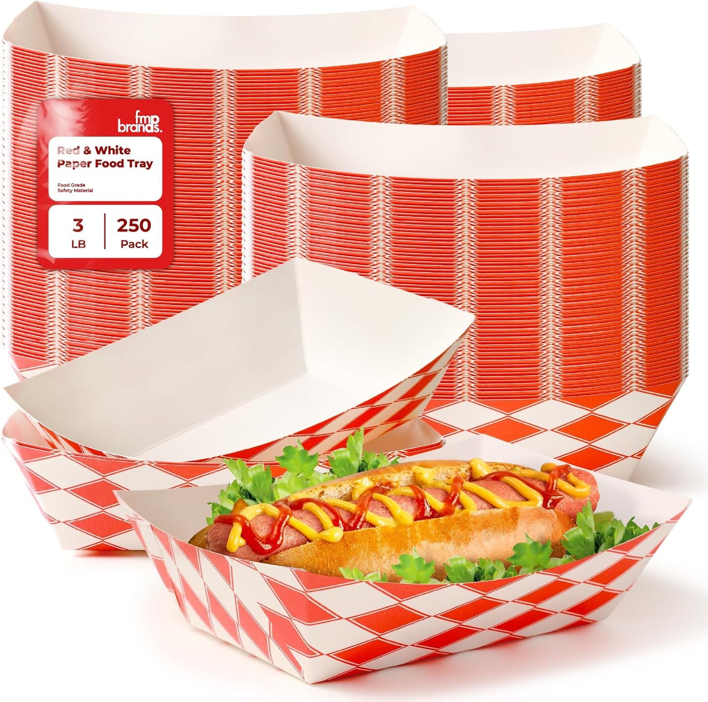 Fit Meal Prep 250 Pack 3 lb Paper Food Trays Heavy Duty Disposable Hot Dog Trays, Paper Food Boat Red Check Nacho Tray for Parties, Fairs, Picnics, Carnivals – Holds Tacos, Fries, Grease Resistant