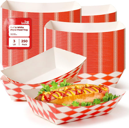 Fit Meal Prep 250 Pack 3 lb Paper Food Trays Heavy Duty Disposable Hot Dog Trays, Paper Food Boat Red Check Nacho Tray for Parties, Fairs, Picnics, Carnivals – Holds Tacos, Fries, Grease Resistant