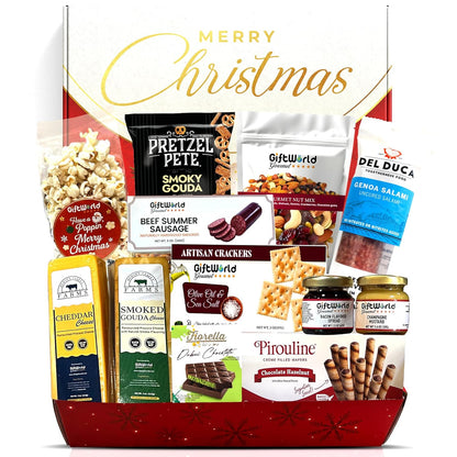 Christmas Gift Basket, Meat and Cheese Gift Baskets for Men and Women - Delicious Condiments with Dubai Chocolate, Charcuterie Food Gift Basket, Christmas Food Gifts in Christmas Gift Box (12-item Bundle)