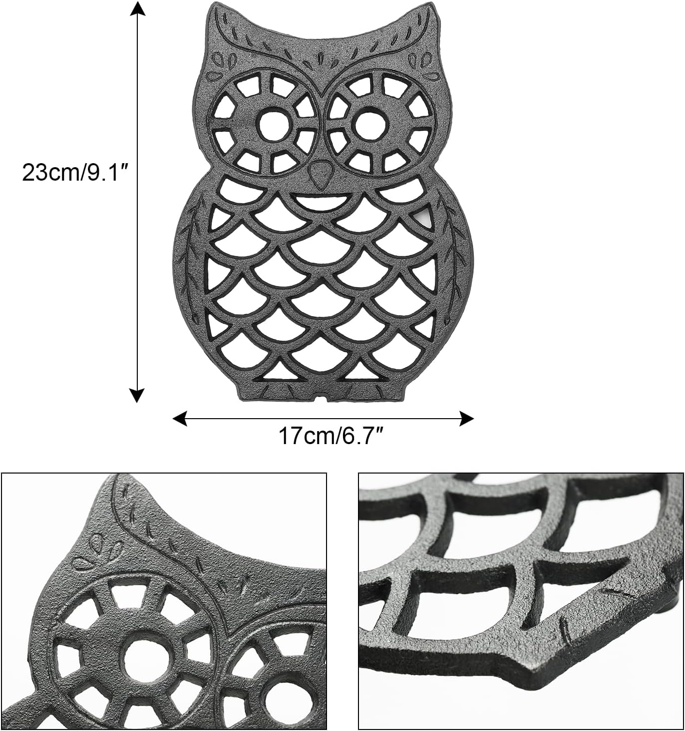 Sungmor Decorative Cast Iron Owl Trivet – Heat-Resistant Vintage-Style Hot Plate for Kitchen Counter or Table – Heavy Duty Metal Trivet with Rubber Feet – Black Rustic Finish