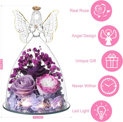 Christmas Rose Gifts for Women Preserved Real Flower in Glass Angel Figurines Roses for Delivery Prime Birthday Gifts for Mom Grandma Girlfriend Wife Her, Colorful Purple