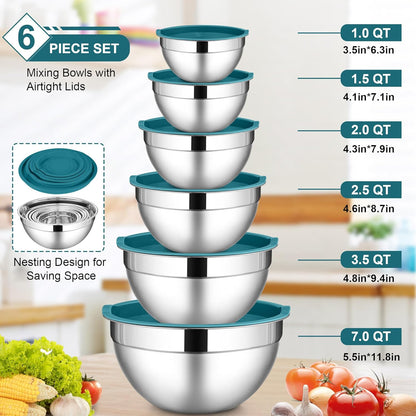 LIANYU 6 Piece Stainless Steel Mixing Bowls, Large 7, 3.5, 2.5, 2, 1.5, 1 QT Metal Bowls Set, Kitchen Nesting Bowls for Salad Cooking Prepping Food Storage, Dishwasher & Freezer Safe, Blue