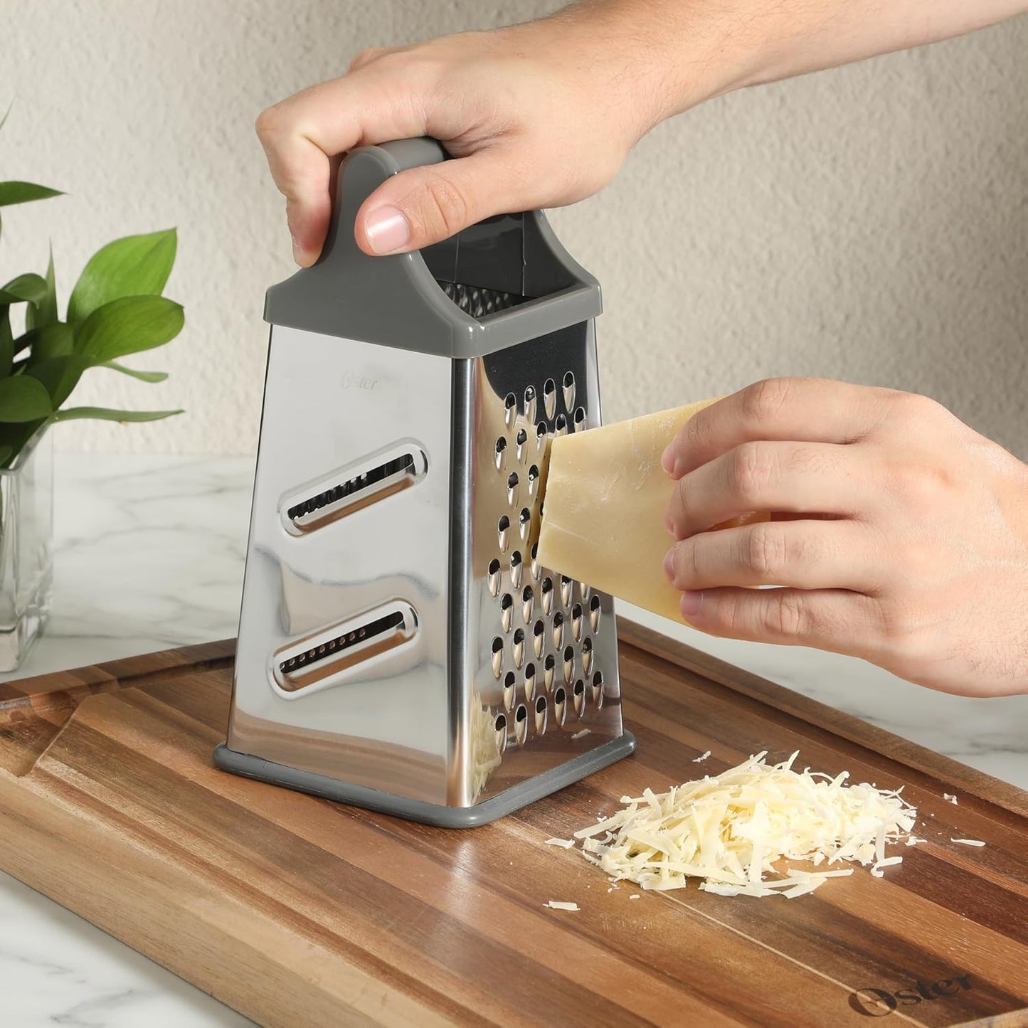 Oster Bluemarine 9-Inch 4-Sided Box Grater – Stainless Steel Cheese and Vegetable Grater, Kitchen Tool for Shredding, Slicing, Grating, Blue/Grey Handle