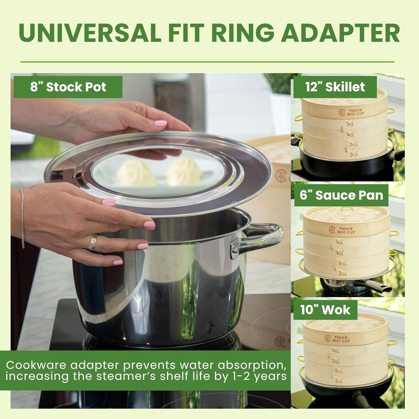 2-tier 10" Bamboo Steamer with Reinforcement & Handle, Reusable Silicone Liner & Accessories Kit For Cooking Dumpling, Baby Bao Bun, Dim Sum, Rice Potsticker Steaming Chinese Asian Food & Vegetables