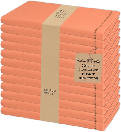 Urban Villa Cloth Napkins Set of 12 20"x20" 100% Cotton Hemstitch Napkins Cloth Washable Durable Reusable Absorbent Table Dinner Napkins Cloth for Hotel Lunch Restaurant Weddings Parties–Orange Black