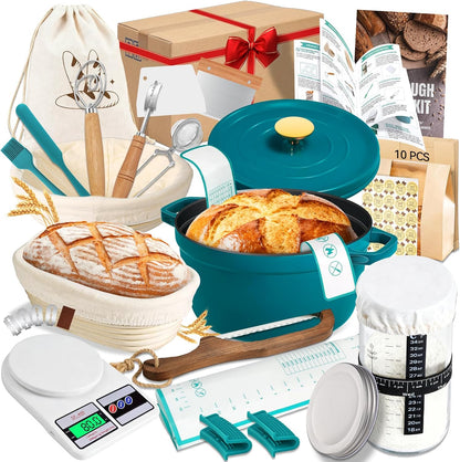 Upgraded All-Inclusive 𝗣𝗥𝗘𝗠𝗜𝗨𝗠 Sourdough Starter Kit with Pot, Sourdough Bread Baking Supplies, 34 Oz Starter Jar, 2 Banneton Bread Proofing Baskets, Scraper, Scale, Lame, Sour Dough Tools