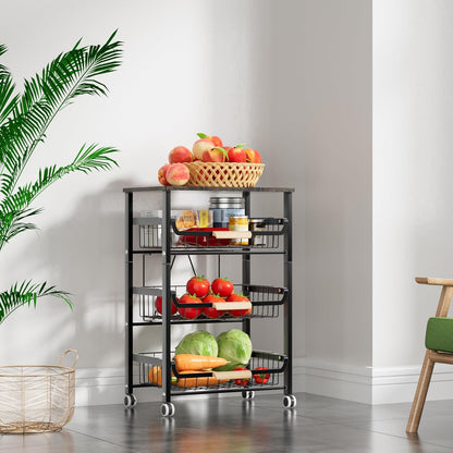 4-Tier Fruit Basket, Pull-Out Kitchen Storage Cart with Wooden Tabletop and Mesh Baskets, Mobile Kitchen Organizer Cart with Wheels, Pantry for Fruit/Potato/Onion/Vegetable/Snack