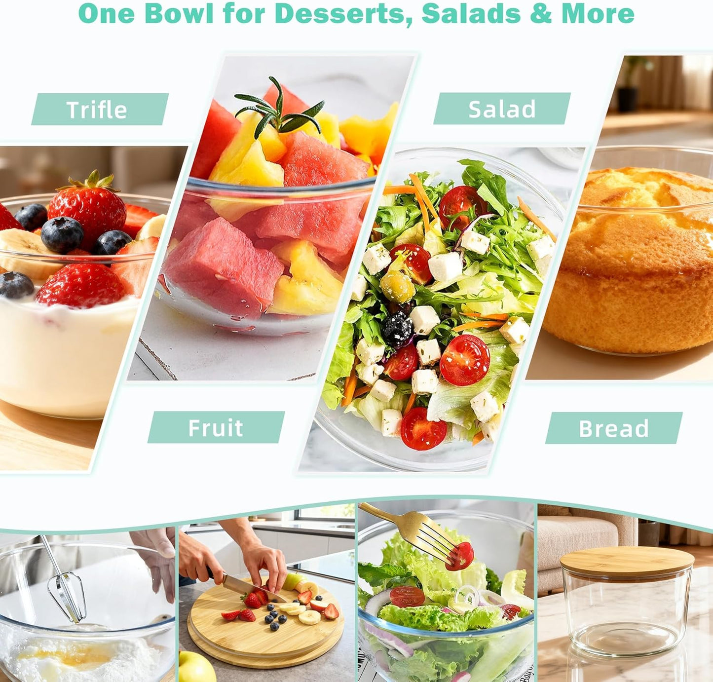 Trifle Bowl Set with Lids, 97oz & 135oz Glass Serving Bowls, BPA-Free Borosilicate Salad & Fruit Bowls, Airtight Food Storage Containers, Ideal for Layered Desserts & Holiday Parties