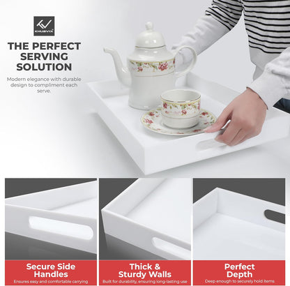 White Tray 20×12" with Cut Handles - Spill Proof Decorative Tray is an Ideal Countertop Organizer for Living Rooms, Ottoman Coffee Tables, Offices, Kitchens & Serving Guests