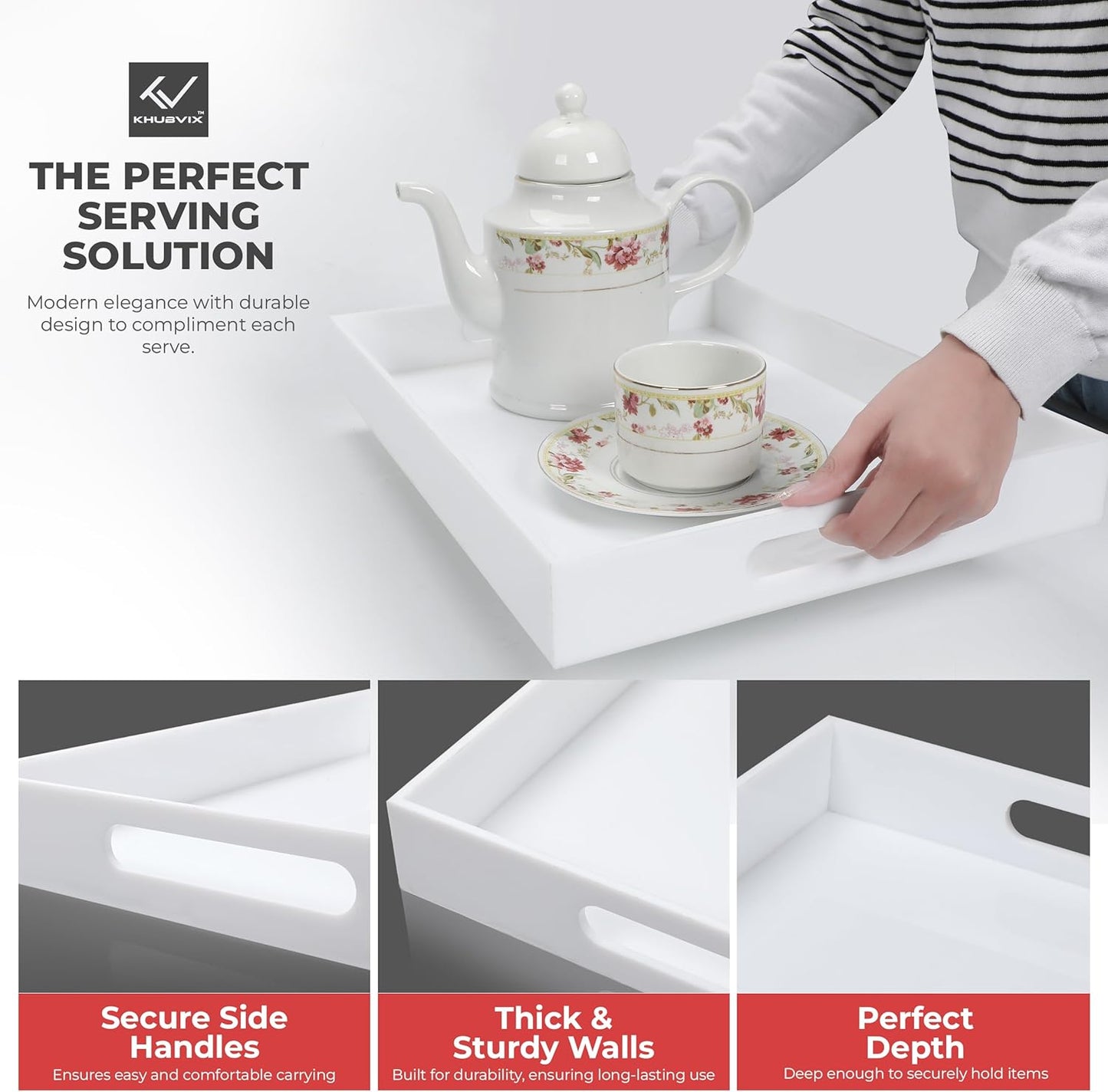 White Tray 16×12" with Cut Handles - Spill Proof Decorative Tray is an Ideal Countertop Organizer for Living Rooms, Ottoman Coffee Tables, Offices, Kitchens & Serving Guests