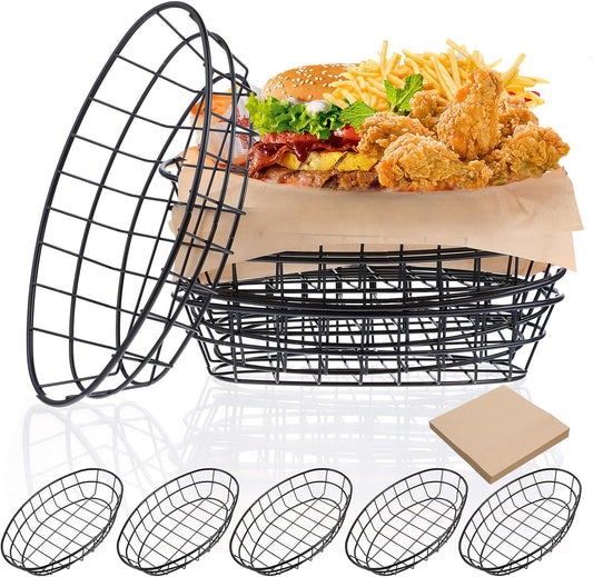 5 Pcs Wire Bread Basket 9.6 x 6.1 x 2 Inch Oval Metal Dinner Roll Baskets for Serving Fruit Bowl Storage with 500 Sheets Deli Wrappers Paper for Kitchen Table Fast Food