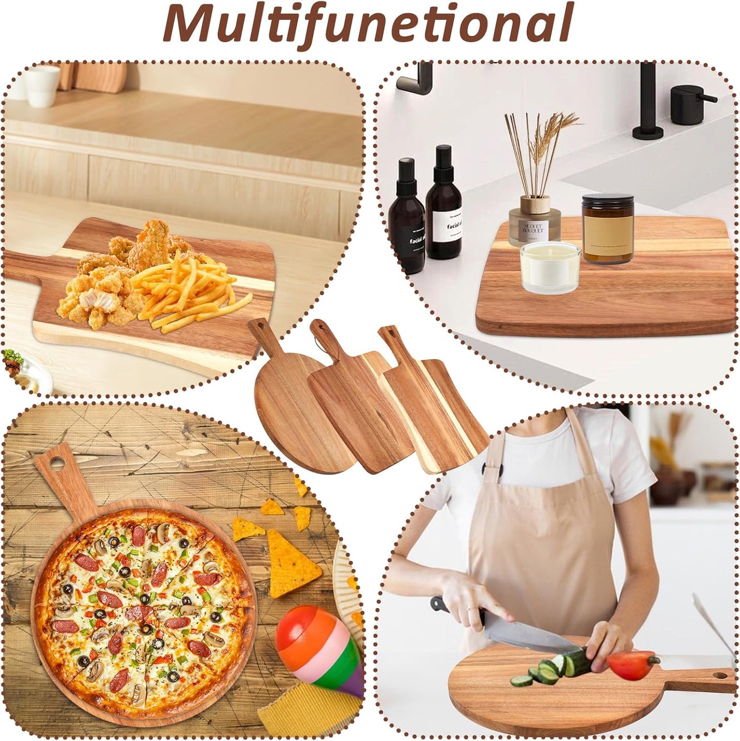 3 PCS Acacia Wood Cutting Board with Handle Wooden Large Paddle Carving Chopping Charcuterie Board Set Butter Serving Tray for Cheese Meat Fruit Pizza Bread Baking