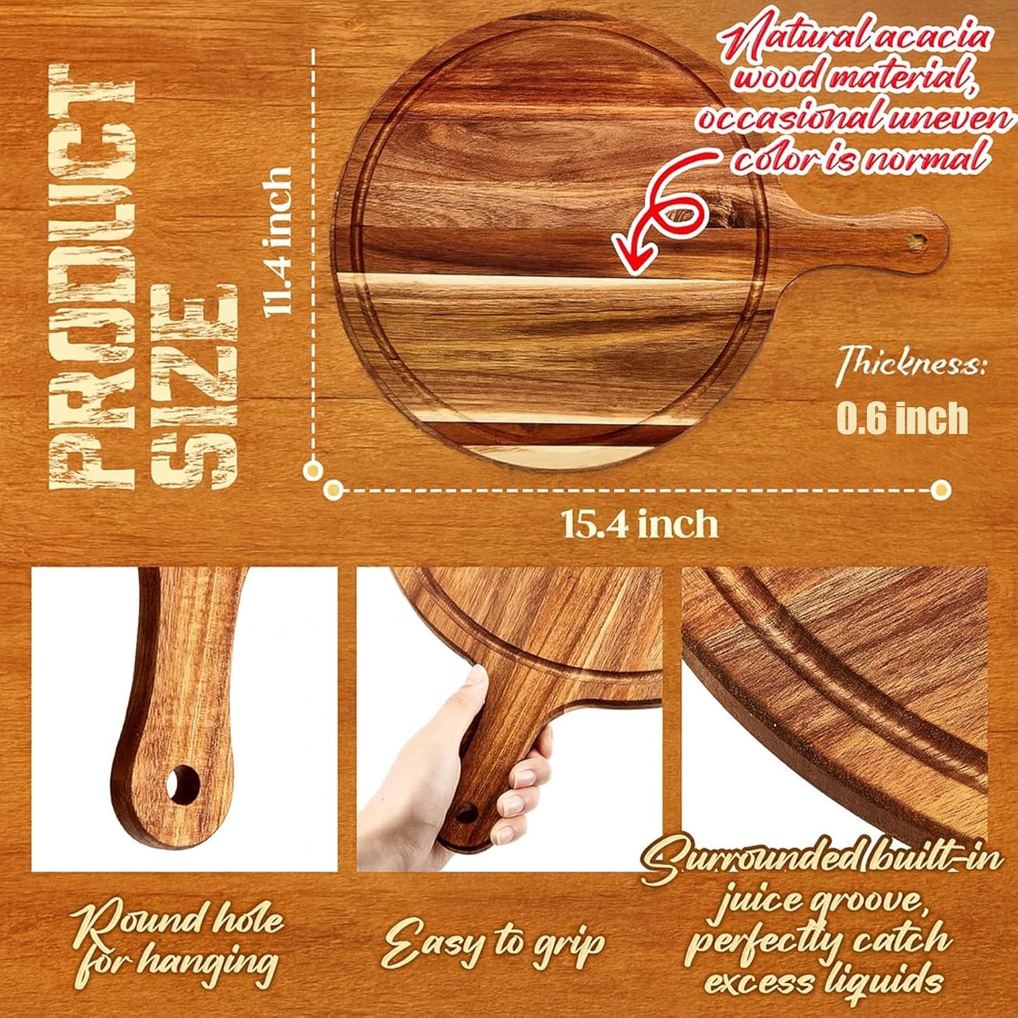 10 Pcs 15.4 x 11.4 Inch Wood Round Cutting Boards with Handle for Kitchen Serving and Food Preparation Featuring Use for Pizza Bread Cheese Charcuterie Vegetables(Acacia)