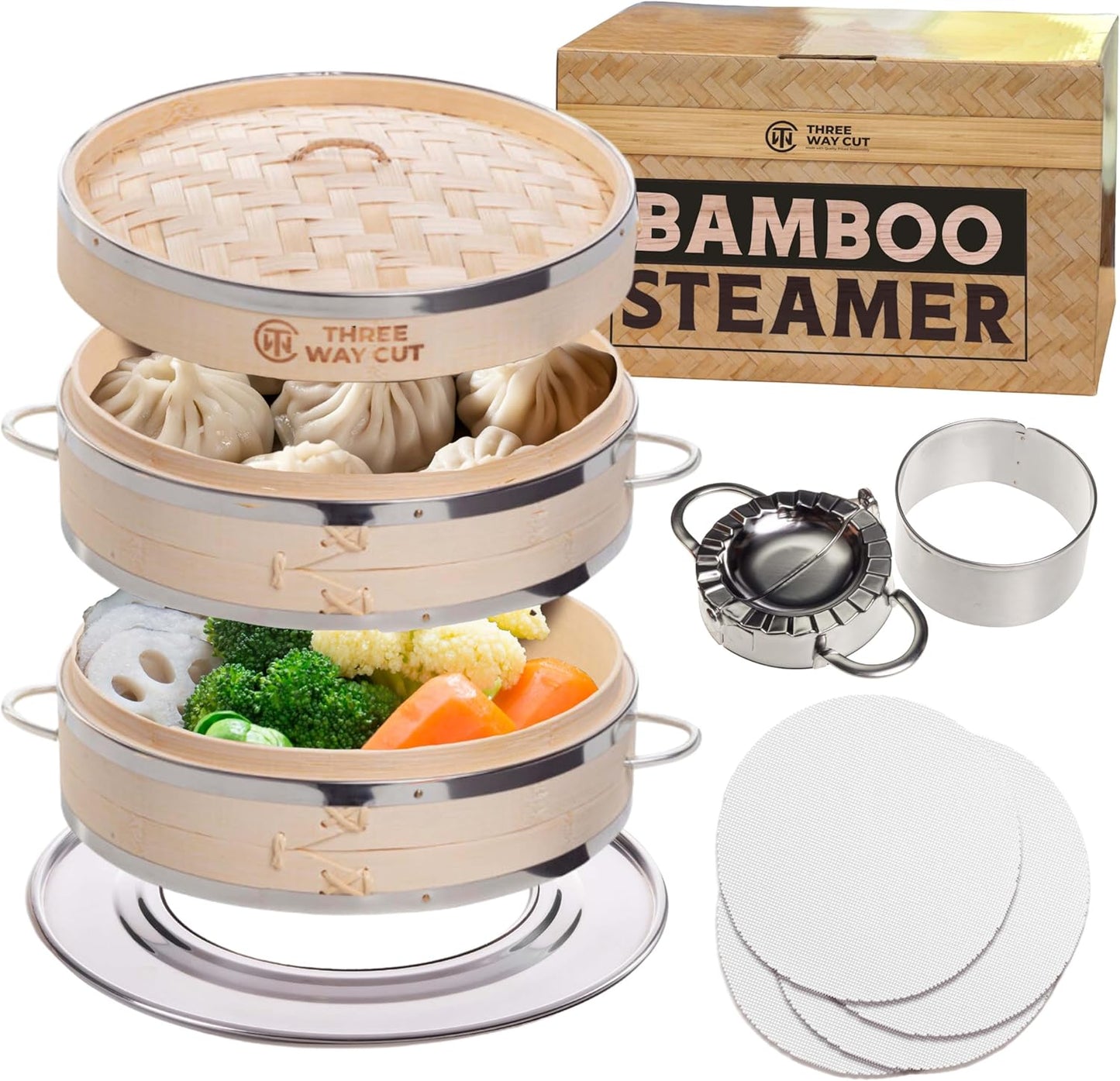 Dumpling Bamboo Steamer 10 Inch 2 Tier Wooden Basket With Handle, Ring Adapter, Reusable Silicone Liner, Kit For Cooking Baby Bao Bun, Dim Sum, Rice Potsticker Steaming Chinese Asian Food & Vegetables