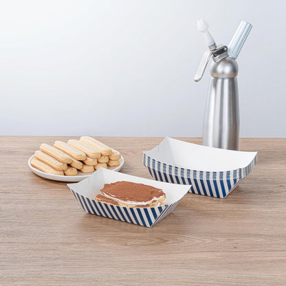 Restaurantware Bio Tek 1 Pound Food Boats 200 Disposable Paper Food Trays - Heavy-Duty Greaseproof Striped Paper Food Boats For Snacks Appetizers Or Treats Use At Parties Or Carnivals