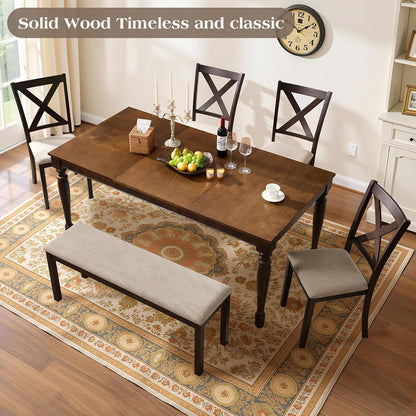 6-Piece Solid Wood Dining Table Set, 71" Farmhouse Kitchen Table with 4 Upholstered Chairs and Bench, Large Dining Room & Kitchen Furniture Set, Brown & Black